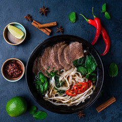 Poster - Pho bo, Vietnamese food, rice noodle soup with sliced beef