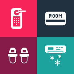 Sticker - Set pop art Air conditioner, Hotel slippers, key card and Digital door lock icon. Vector