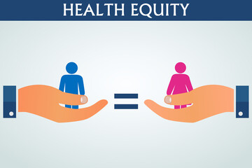 Health equality illustration vector flat banner. Man and woman standing on palm of the hand. Healthcare, fairness, and equity concept.