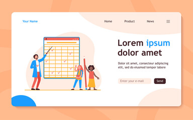 teacher explaining lesson to pupils. schoolgirls, man with pointer, matrix blackboard flat vector il