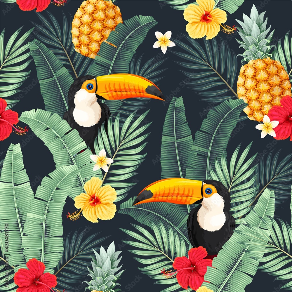 Vector seamless pattern with flowers and toucan Stock Vector | Adobe Stock