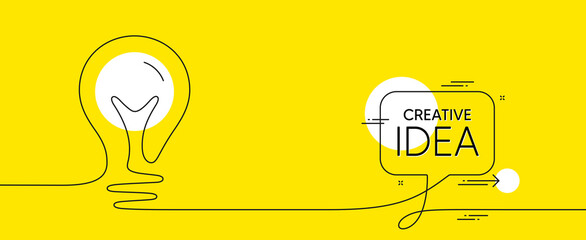 Poster - continuous line idea icon. one light bulb silhouette. speech bubble with lightbulb icon on yellow ba