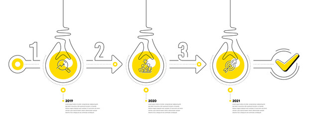 Poster - Infographic timeline with lamp light bulbs and icons. 3 steps idea journey path concept of business project process. Infographic path timeline. Business journey goal. Continuous line bulbs. Vector