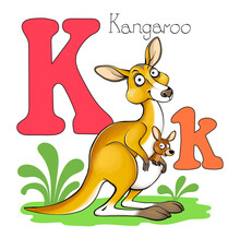 Vector Illustration. Alphabet With Animals. Large Capital Letter K With A Picture Of A Bright, Cute Kangaroo.