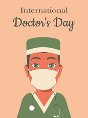 International Doctor's Day. Day of the medical worker. Festive postcard with a cute doctor. Pink background and green uniform. 