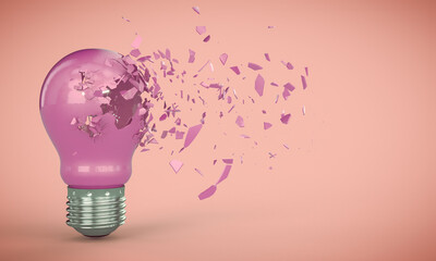 Wall Mural - explosion of a purple electric light bulb on a pink background.