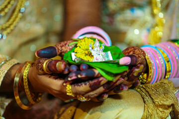 Traditional indian wedding ceremony, groom and bride hand