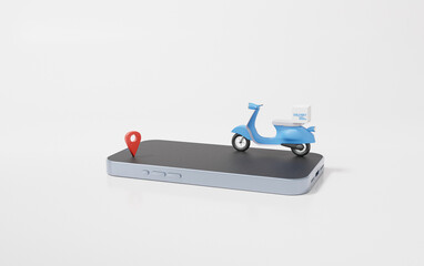 Poster - Online delivery pointer motorcycle scooter concept.on smartphone  road home and office shipping. service express trunking on isolated white background. copy space for text, minimal 3D rendering