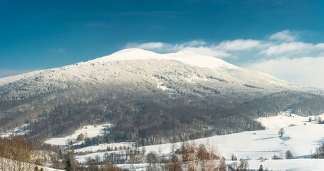 Poster - Panoramic Image of Polonyna Carynska and Wetlinska Peaks. Snow Covered Bieszczady Mountains in Poland
