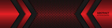 Black And Red Shapes, Stripes And Lines On A Dark Carbon Fiber Hexagonal Background. Geometric Shapes On A Hexagonal Red Grid.