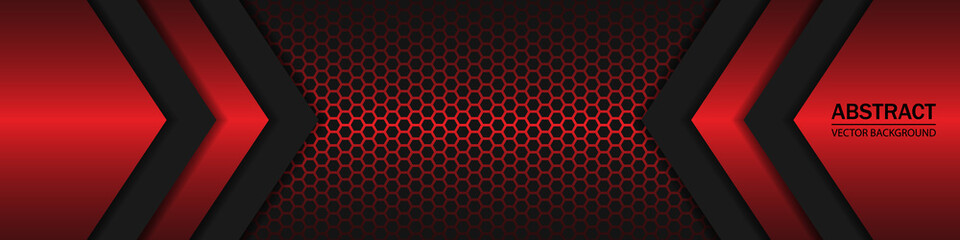 Black and red shapes, stripes and lines on a dark carbon fiber hexagonal background. Geometric shapes on a hexagonal red grid.