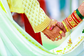 Poster - Indian couple hand in wedding Satphera ceremony in hinduism