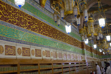 The Shot Of Pilgrims Inside The Masjid Al Nabawi Including The Beautiful Interior Works