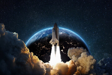 Poster - Rocket successful takeoff into deep starry space against the backdrop of the blue earth planet. Spaceship at launch from Earth, concept