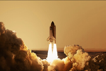 Poster - Rocket takes off on the red planet Mars. Spaceship re-launch up. Space wallpaper