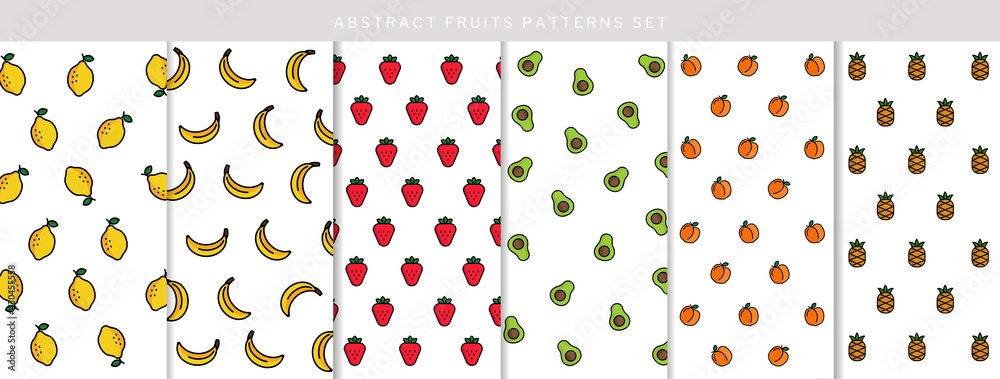 Abstract lemon, banana, strawberry, avocado, peach and pineapple pattern set, boho fruit pattern collection, design for decoration, wrapping paper, fabric, print or textile, vector illustration - obrazy, fototapety, plakaty 