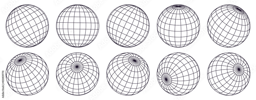 Globe grid spheres. Striped 3D spheres, geometry globe grid, earth latitude and longitude line grid vector symbols set. Spherical grid globe shapes - obrazy, fototapety, plakaty 
