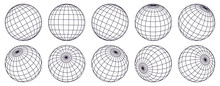 Globe Grid Spheres. Striped 3D Spheres, Geometry Globe Grid, Earth Latitude And Longitude Line Grid Vector Symbols Set. Spherical Grid Globe Shapes