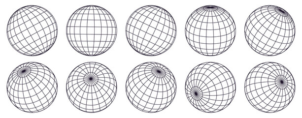 Globe grid spheres. Striped 3D spheres, geometry globe grid, earth latitude and longitude line grid vector symbols set. Spherical grid globe shapes
