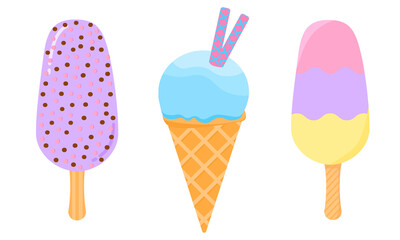 Wall Mural - A collection of 3 ice creams - tricolor, cone, lilac creamy with multi-colored culinary powder