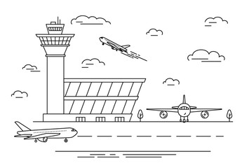 Poster - airport landscape scene black linear style. vector