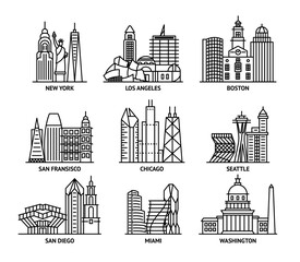 Poster - Usa Cities Sign Contour Linear Icon Set. Vector