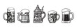 Set of traditional beer mugs. Vector illustration.