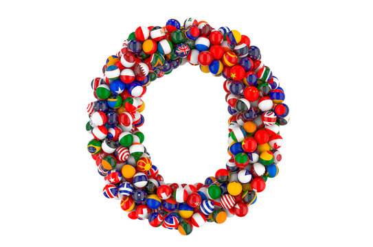 Letter O from flags of different countries, 3D rendering