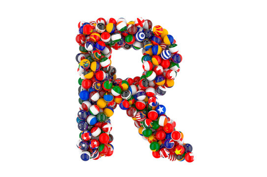 Letter R from flags of different countries, 3D rendering