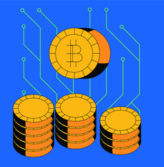 Poster - Bitcoin coins and electronic scheme in cartoon style.
