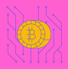 Poster - Bitcoin coins and electronic scheme in cartoon style.