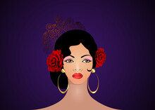 Portrait Of Flamenco Woman Beautiful Girl, Spanish Style. Latin Lady Wearing Gold Folk Accessories Peineta, Golden Comb, Red Rose Flower And Earrings, Vector Illustration Isolated On Purple Background