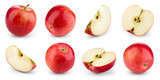 Fototapeta  - Apple isolated. Red apple on white background. Set of whole, half, slice red apples. Full depth of field.