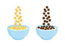 Bowl Of Cereal And Chocolate Milk Vector Breakfast. Cartoon Oats. Different Sweet Flavors. Falling Cornflakes Isolated On White Background. Healthy Food For Kids Illustration