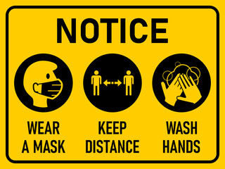 Wall Mural - Coronavirus Warning Icon Set Notice Wear a Mask Keep Distance Wash Hands Black and White Horizontal Signboard with an Aspect Ratio of 4:3. Vector Image.