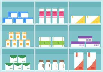 Pharmacy vector shelf, medicine store, cartoon boxes pills and containers drug, packaging medication isolated on white background. Interior pharmacy or drugstore. Health illustration