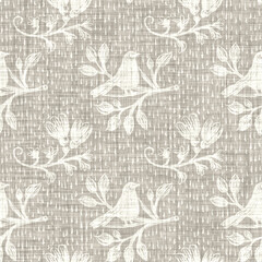 Seamless french taupe bird farmhouse linen printed fabric background. Light mottled grey cottage pattern. Shabby chic woven 2 tone cloth effect. Textile rustic organic ecru neutral all over print. 

