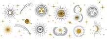 Set Of Hand Drawn Mystical Elements For Card, Banner, Logo, Sticker Etc. Celestial Objects Boho Collection Isolated On White. Esoteric And Witchcraft Design Elements. Astronomy Vector Illustration