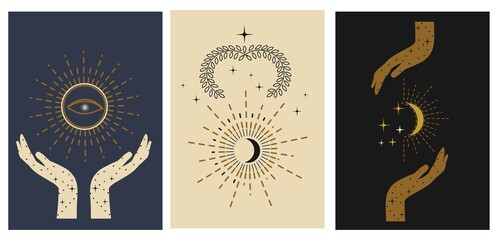 Mystery cards set. Hand drawn mystical design templates with hands, stars, moon, sun. Set of Mysterious celestial designs for stories, social media, cards etc. Vector illustration