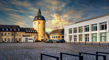 Wall Mural - District town of Siegen, Lower Castle with Castle Tower and University Lecture Hall Building. Unteres Schloss mit Schlossturm und Hörsaalgebäude der Universität