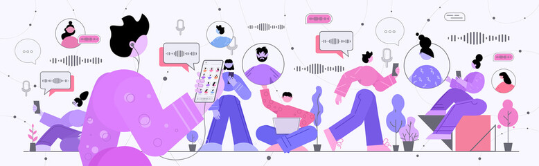 Poster - businesspeople communicating by voice messages audio chat application social media online communication concept