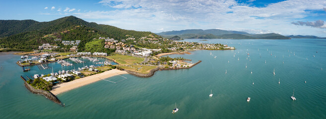 Wall Mural - Aerial panoramic morning view of beautiful Airlie Beach in Queensland Australia