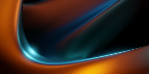 Wall Mural - Metallic wavy abstract 3d rendering background illustration. Smooth fluid shapes with glowing blue and orange surface.