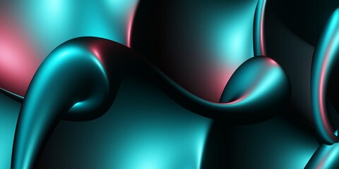 Wall Mural - Metallic wavy abstract 3d rendering background illustration. Smooth fluid shapes with glowing blue and pink surface.