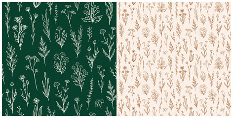 Wildflower seamless pattern set with outline florals. Retro style print design collection with hand drawn flowers in rustic colors. Simple field floral patterns for wallpaper, packaging, fabric design