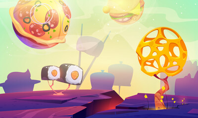 Poster - fast food planet cartoon poster with pizza, burger spheres and sushi over alien landscape with bizar