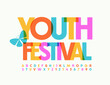 Vector event flyer Youth Festival. Trendy bright Font. Artistic colorful Alphabet Letters and Numbers set