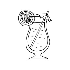 Wall Mural - cocktail with lemon, straw and umbrella icon. hand drawn doodle style. vector, minimalism, monochrome. refreshing drink, summer, lemonade, bar, menu, cafe.