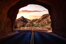 Middle Of The Road From Tunnel View Of A Scenic Route In American Canyons Mountain Landscape. Sunset Sky Art Render. Taken In Zion National Park, Utah, United States.