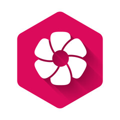 Sticker - White Flower icon isolated with long shadow background. Pink hexagon button. Vector